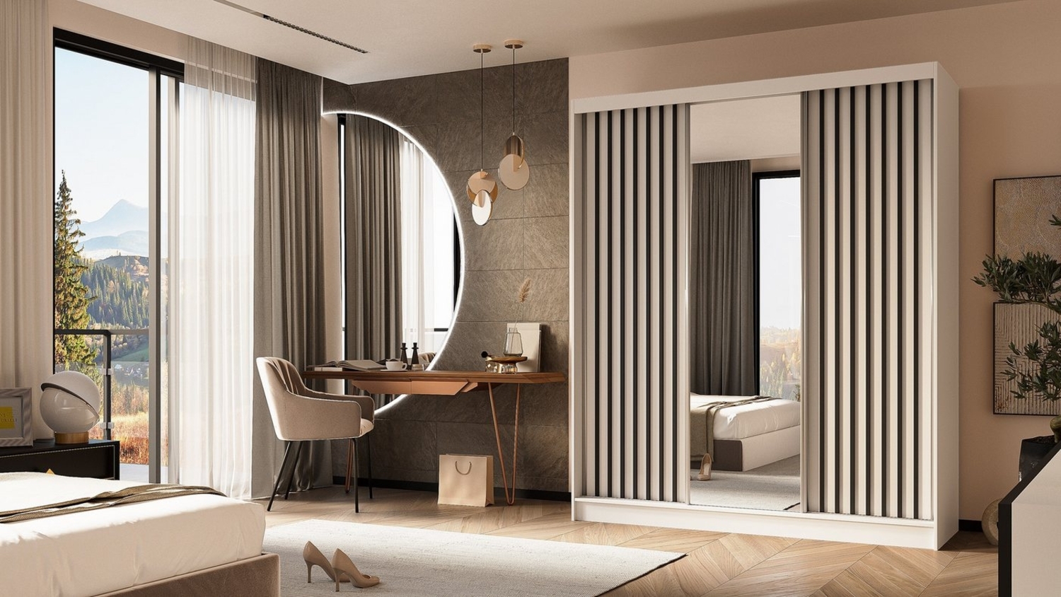 ALTDECOR Schiebetürenschrank LAMELO (Kleiderschrank Garderobenschrank mit viel Stauraum Moderner Schrank) Spiegel Spiegeltüren Lamellen Schwebetürenschrank LED Beleuchtung Bild 1