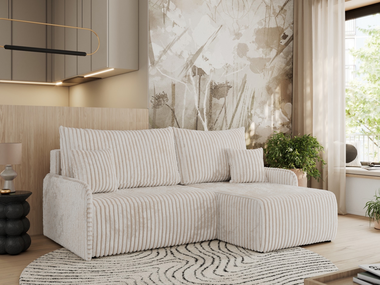 Ecksofa für das Wohnzimmer, mit losen Kissen, Schlaffunktion und Bettkästen, L-förmiges Ecksofa mit Armlehnen, Wellenfeder - ARPA - Creme Cord - rechte Seite Bild 1