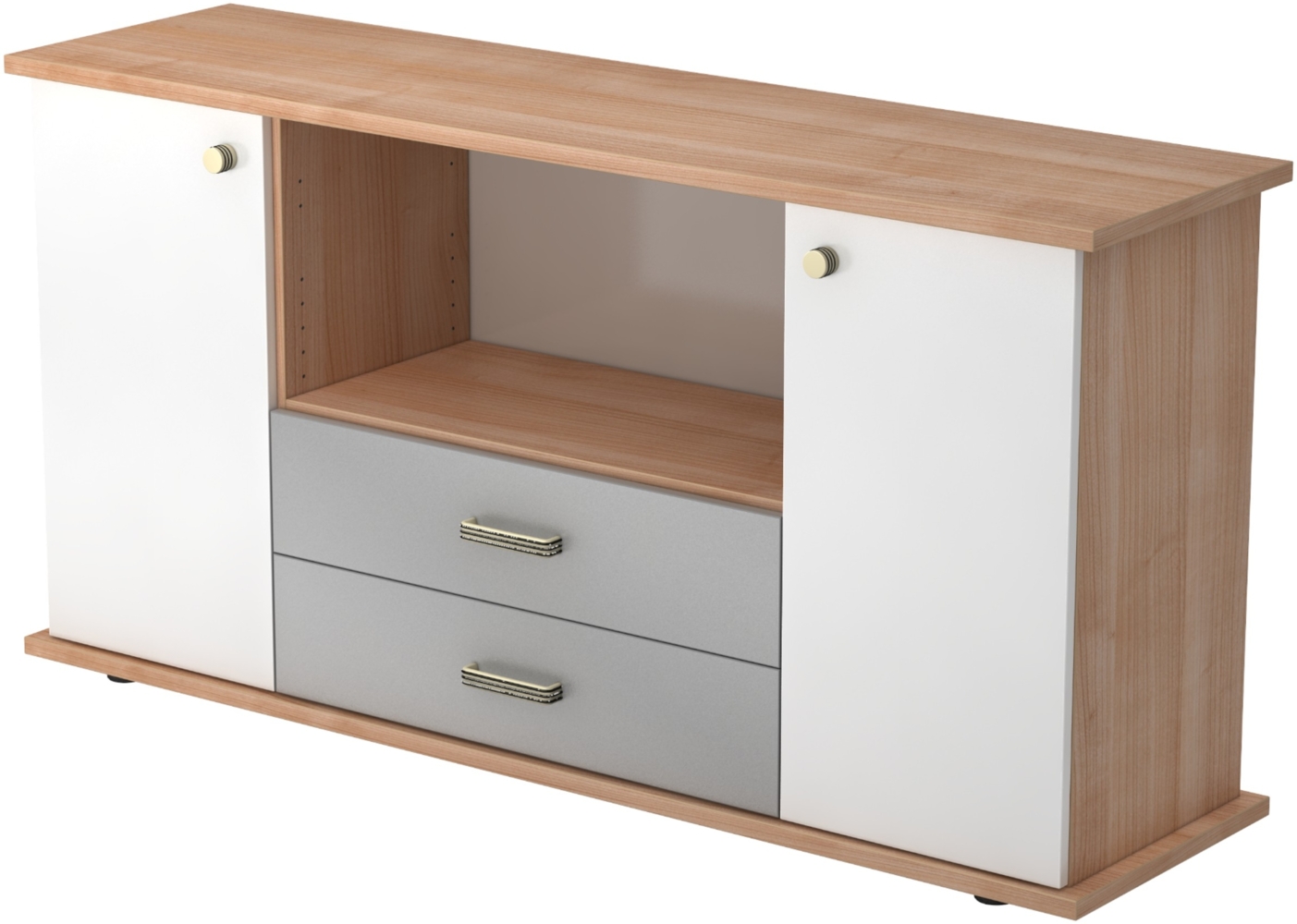 bümö Sideboard Nussbaum/Weiß mit Flügeltüren & Regal - Büromöbel Sideboard mit Schubladen Holz 166cm breit, 45cm schmal, Büro Schrank für Flur oder als Wohnzimmer-Kommode mit Streifengriff, SBTS-N-W-SG Bild 1