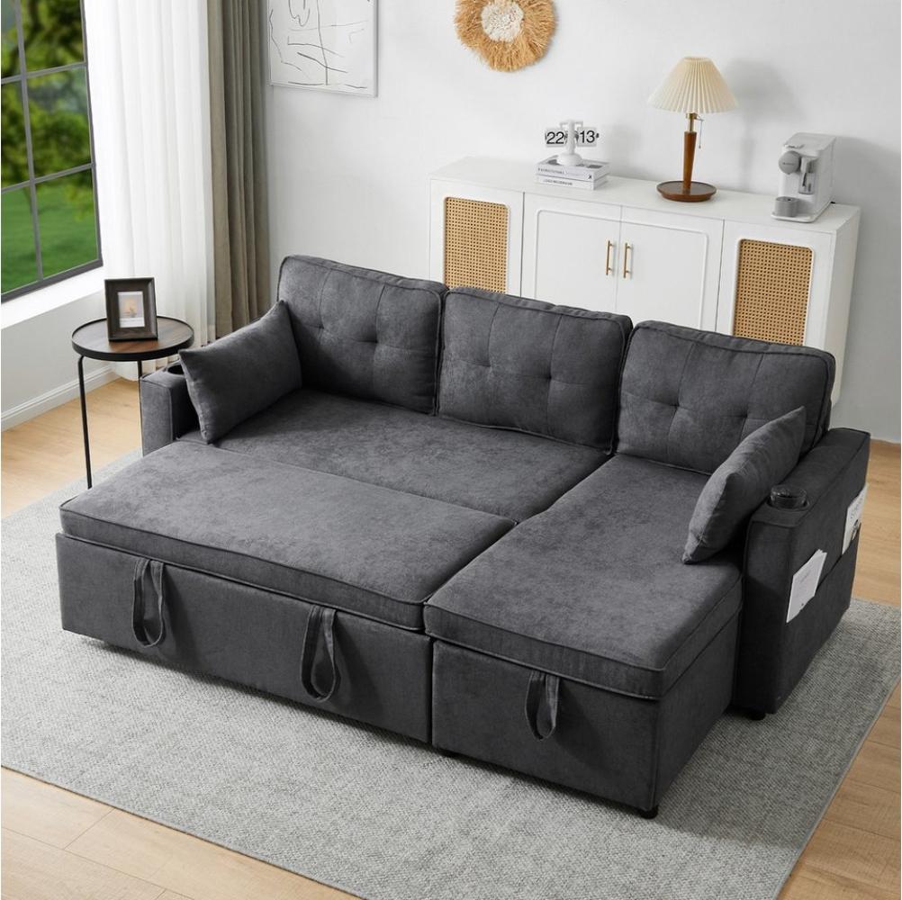 Merax Ecksofa L-Form, Loungesessel mit Schlaffunktion, Seitentasche und Bettkasten Bild 1