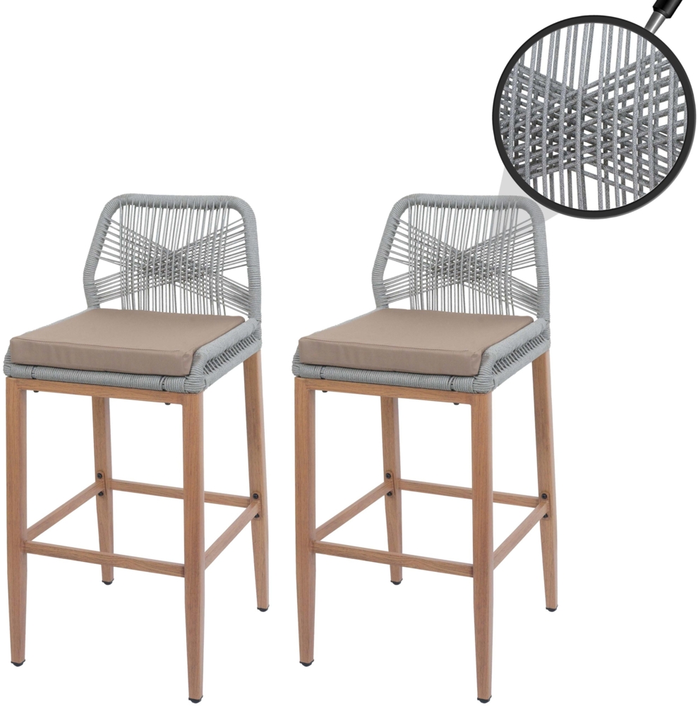 2er-Set Rope-Barhocker HWC-O21, Outdoor Sitzpolster Seilgeflecht Metall Holz-Optik ~ hellgrau, Kissen taupe Bild 1