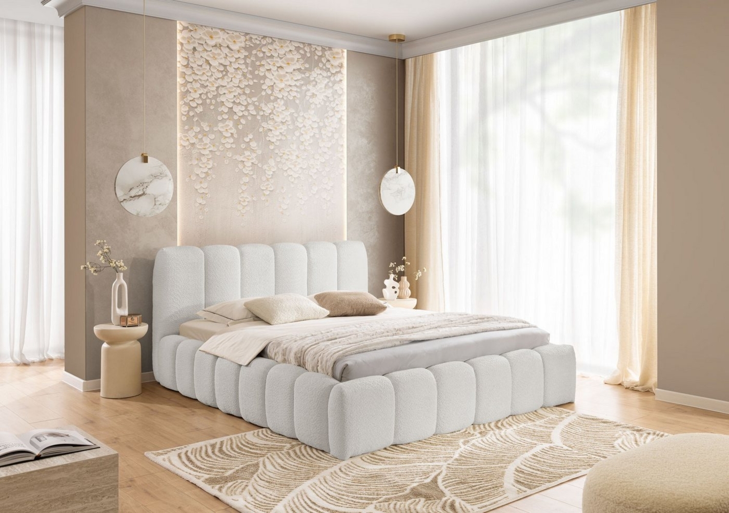 yourhouse24 Polsterbett Micandi Doppelbett Bettgestell Lattenrost Bouclé (Bettgestell mit Bettkasten und Lattenrost), Bouclé-Stoff, kompakt, pflegeleicht, Bettkasten, gepolstertes Kopfteil Bild 1