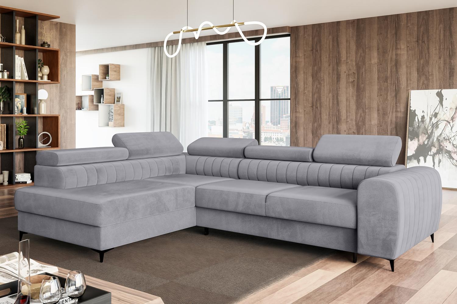 MEBLINI Schlafcouch mit Bettkasten - PORTO - 269x204x72cm Links - Grau Samt - Ecksofa mit Schlaffunktion - Sofa mit Relaxfunktion und Kopfstützen - Couch L-Form - Eckcouch - Wohnlandschaft Bild 1