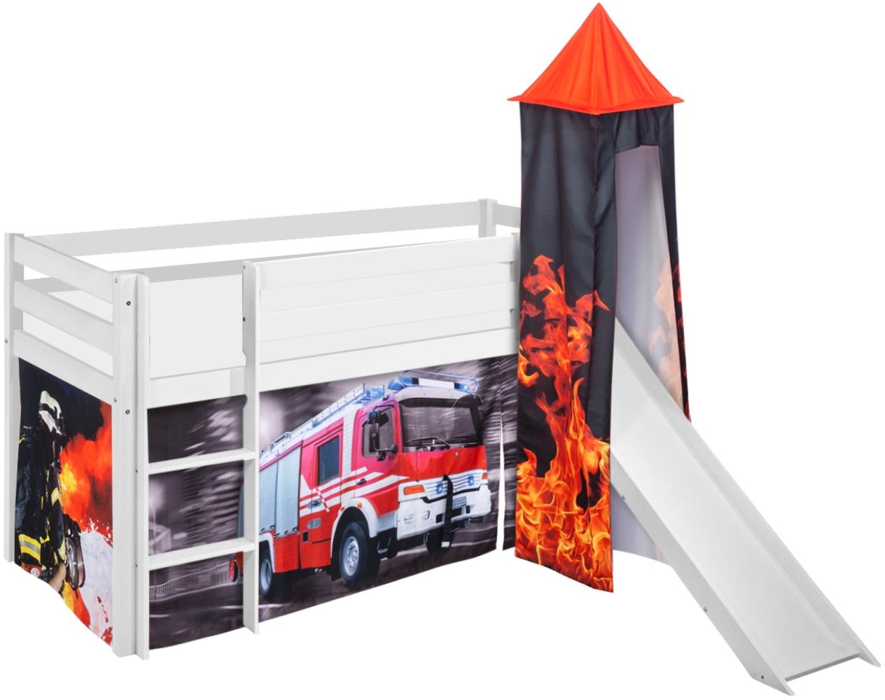 Lilokids 'Jelle' Spielbett 90x200 cm, Feuerwehr, Kiefer massiv, mit Turm, Rutsche und Vorhang Bild 1