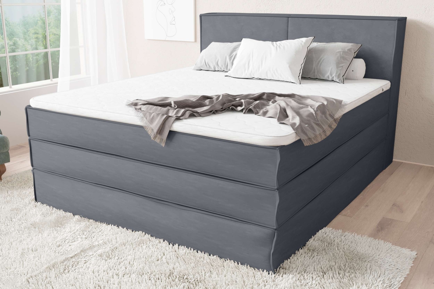 99rooms Santiago Boxspringbett Delphingrau Velours SORO 120x200 cm Taschen-Federung Bild 1