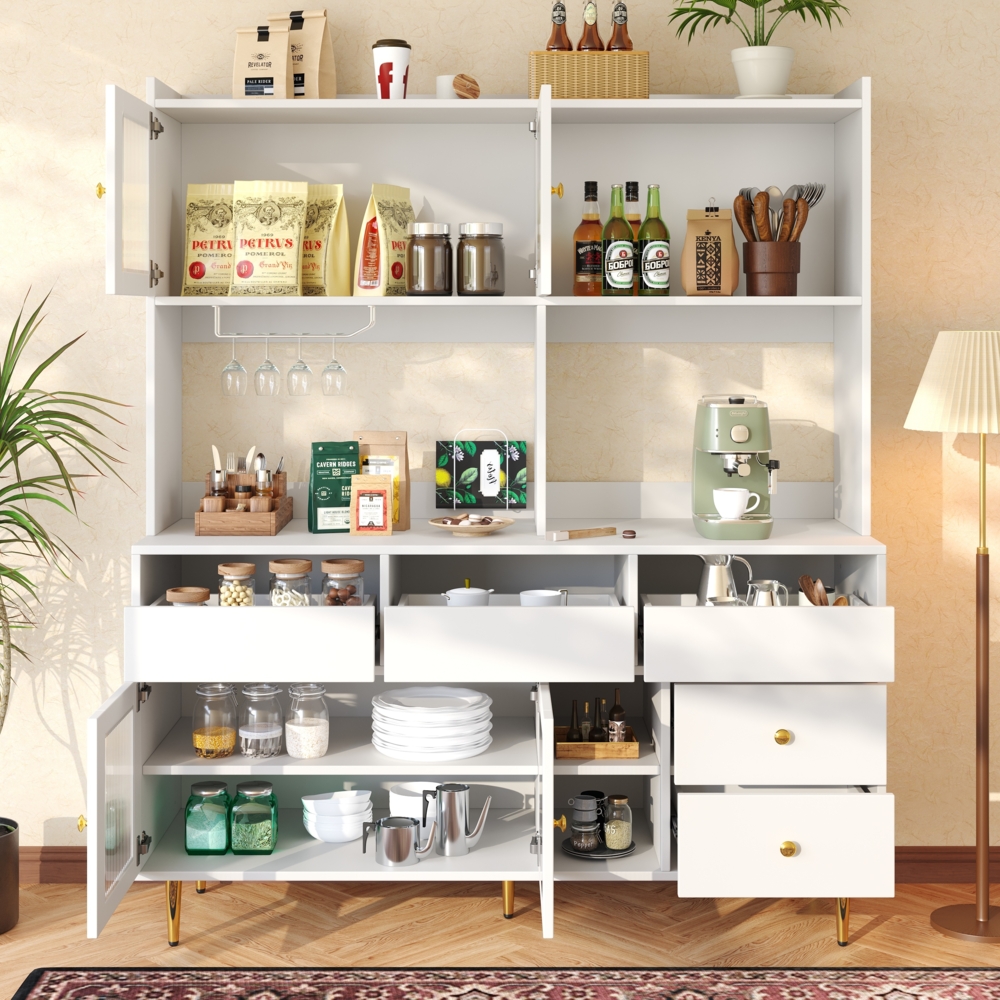 Sideboard Küchenschrank mit Changhong-Glastür Weinregal Schubladen großer Stauraum Holzoptik Anrichte Buffet,Weiß Bild 1