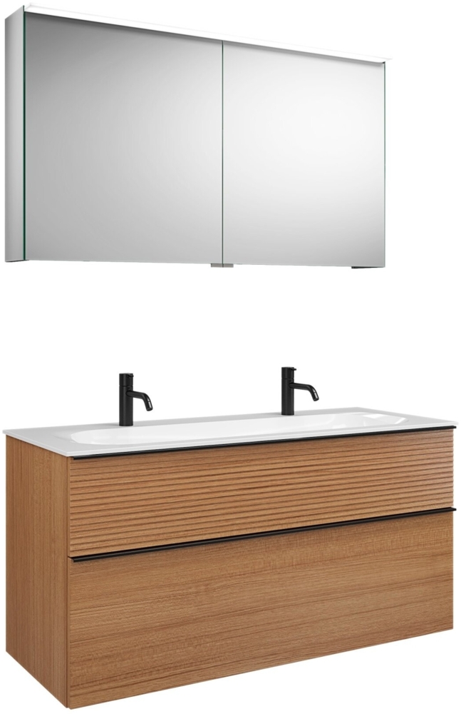 Burgbad FIUMO Waschtisch Set mit Spiegelschrank 122 cm breit, Braun, Doppelwaschbecken Gussmarmor Weiß Bild 1