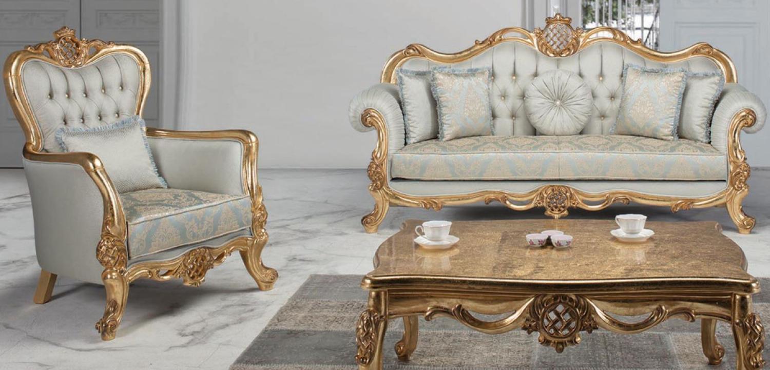 Casa Padrino Luxus Barock Wohnzimmer Set Hellblau / Türkis / Gold - 2 Sofas & 2 Sessel & 1 Couchtisch - Wohnzimmer Möbel im Barockstil - Edel & Prunkvoll Bild 1