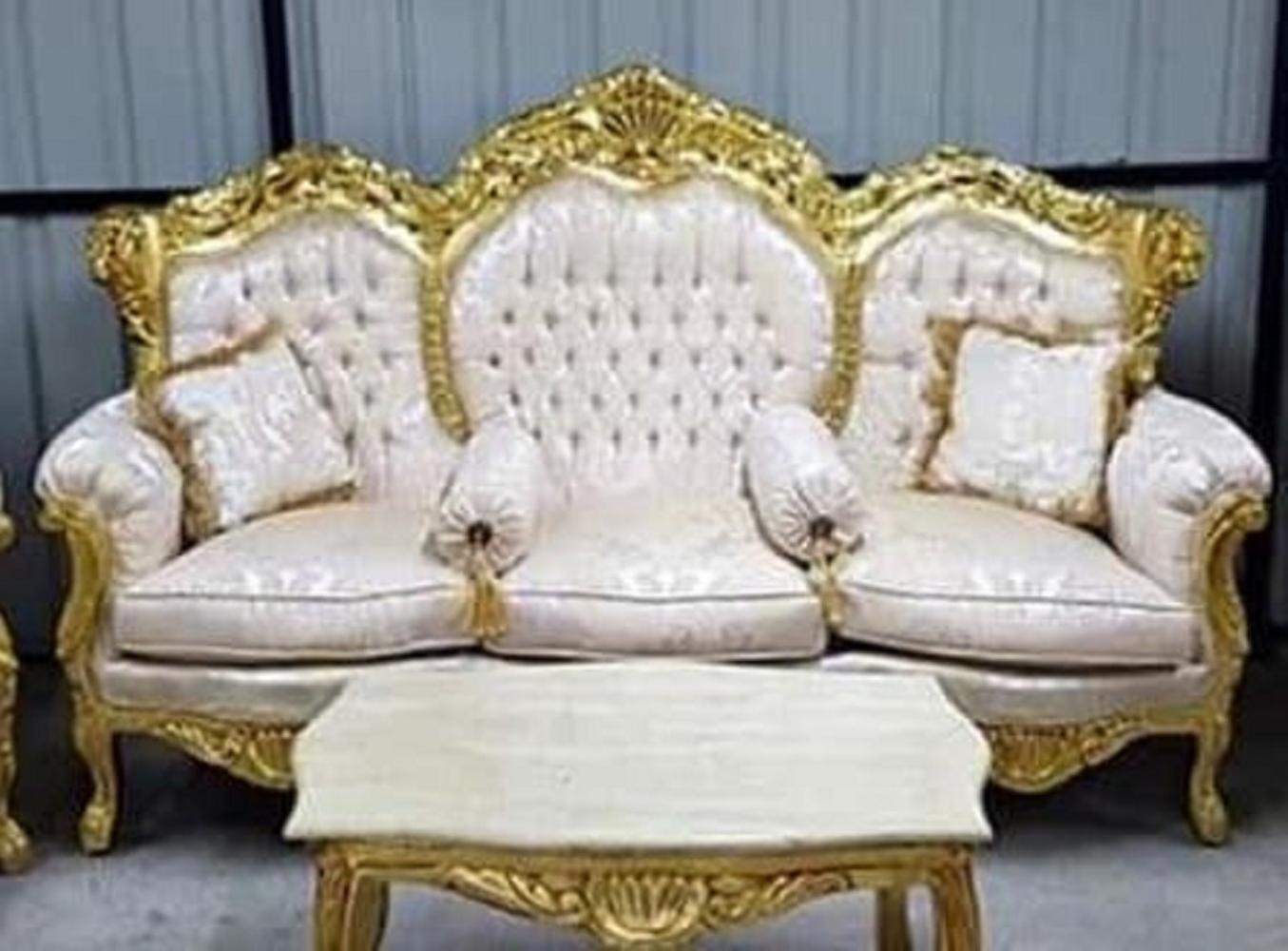 Casa Padrino Barock Sofa Creme Muster / Gold - Prunkvolles Wohnzimmer Sofa mit elegantem Muster und Glitzersteinen - Wohnzimmer Möbel im Barockstil - Barock Möbel - Edel & Prunkvoll Bild 1