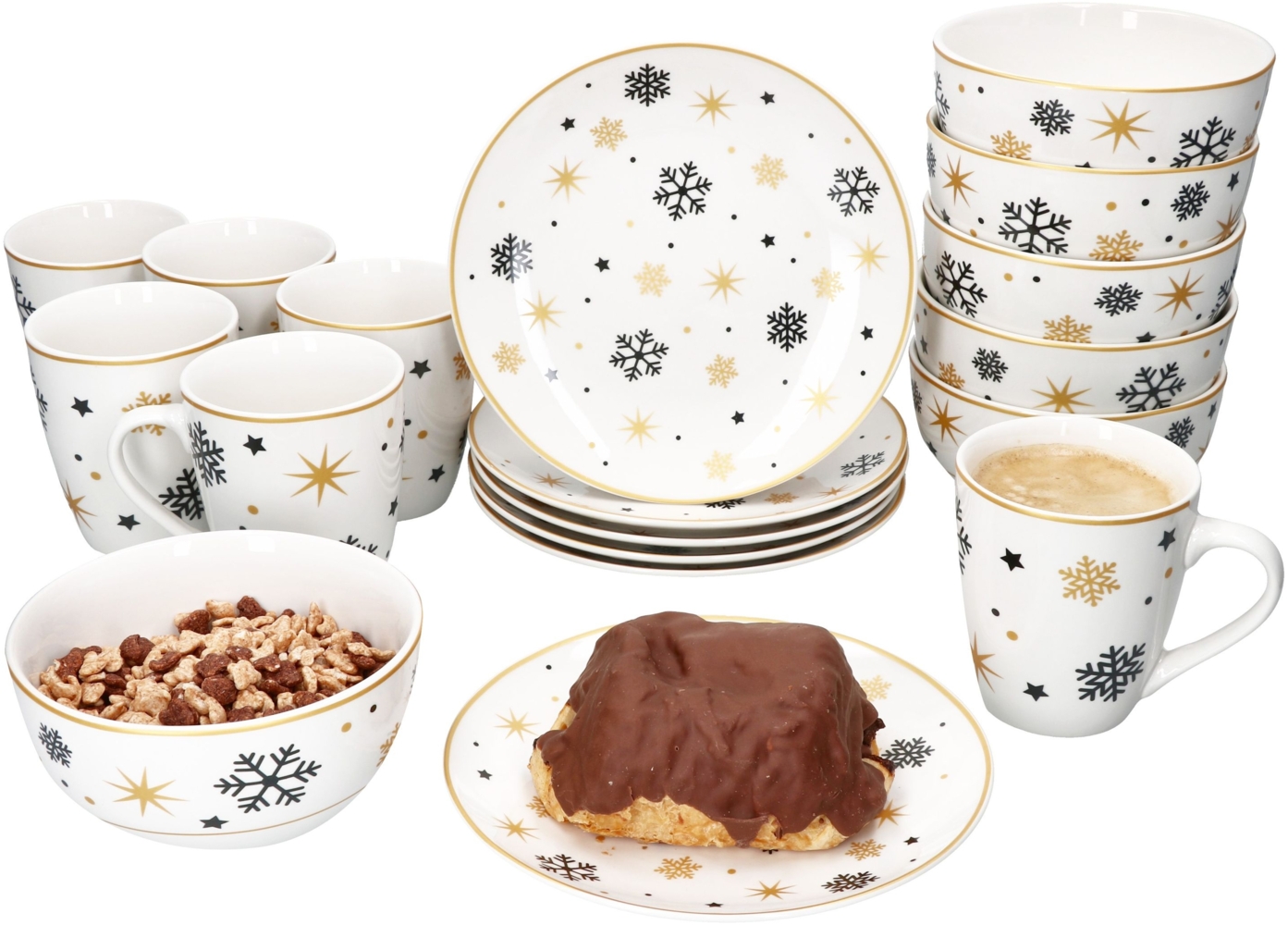 18tlg Frühstücksset Stars schwarz gold Steingut 6 Personen Teller Schale Becher Bild 1