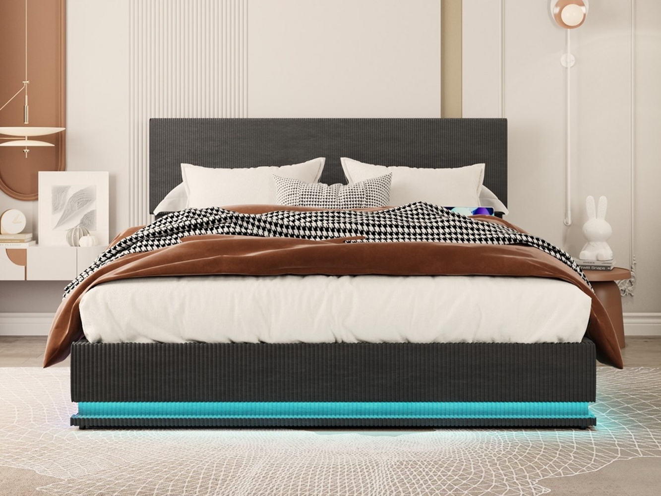 KLAM HOME Polsterbett Doppelbett Stauraumbett mit Stauraum 140/160/180x200cm (mit LED-Bettrahmen und USB-Ladefunktion), Samt bettrahmen mit flachem Nudelrahmen Bild 1