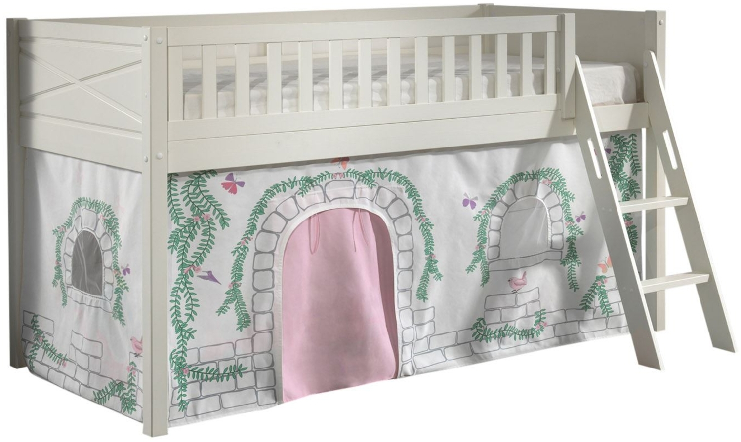 Kinderbett Karyl 208x114x135 Massivholz Weiß Textilset Birdy 1 Bild 1