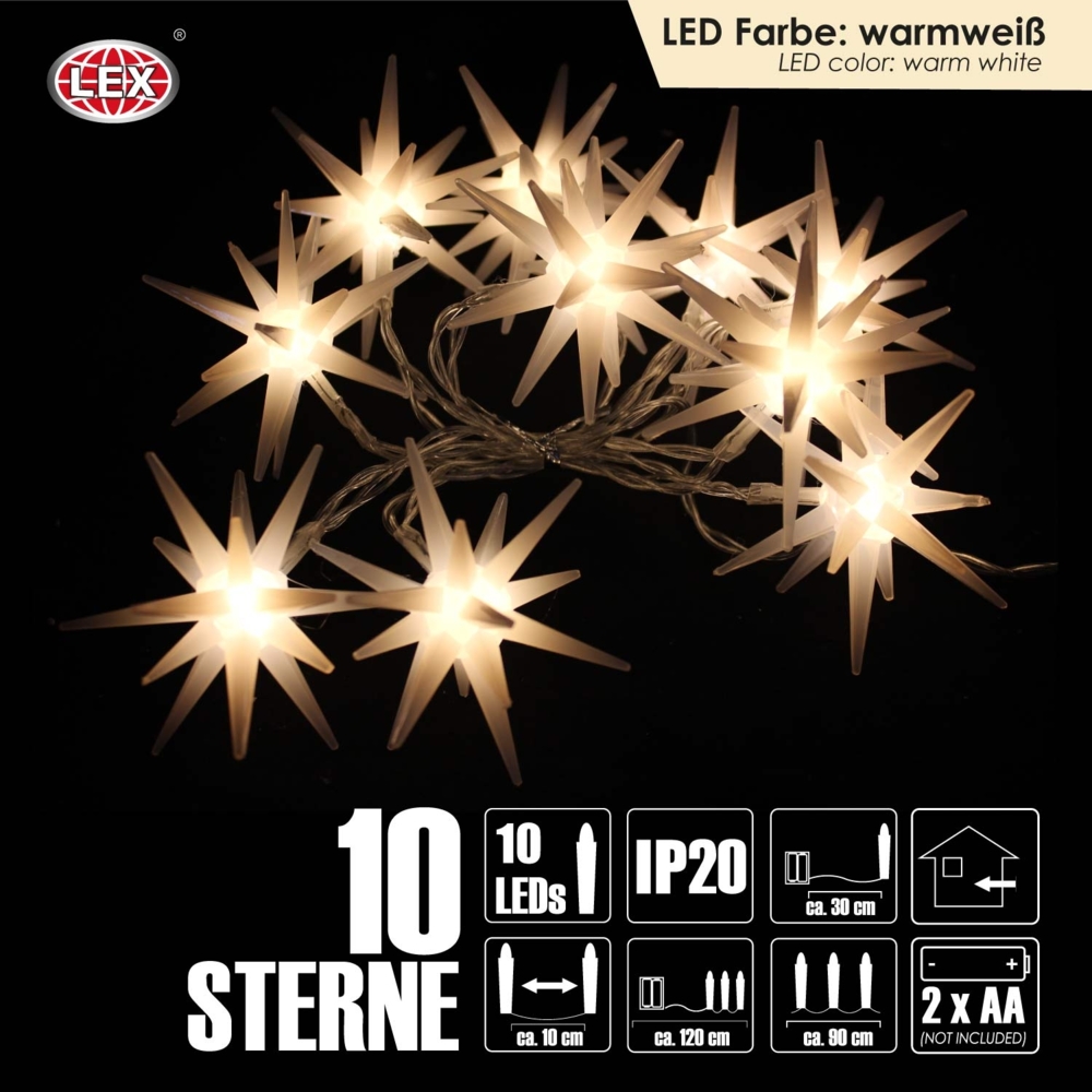 LEX Leuchtsternlichterkette – 10 LED Sterne, warmweiß, 120 cm, Batteriebetrieb, Innenbereich Bild 1