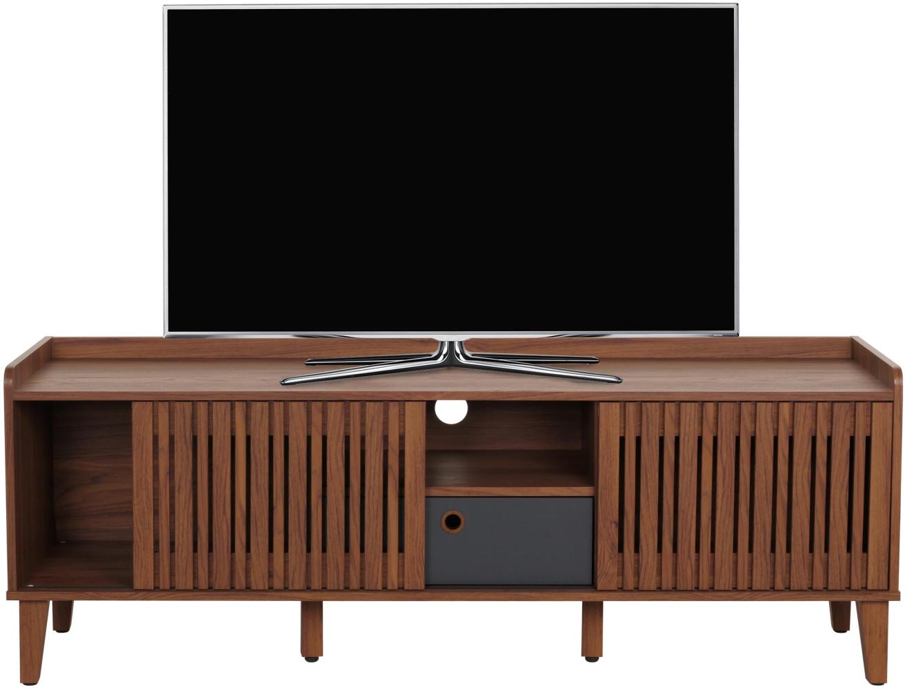 TV-Rack HWC-M48, Lowboard TV-Schrank, Schiebetür Mango-Massivholz 56x150x40cm ~ Walnuss-Optik, Schublade dunkelgrau Bild 1