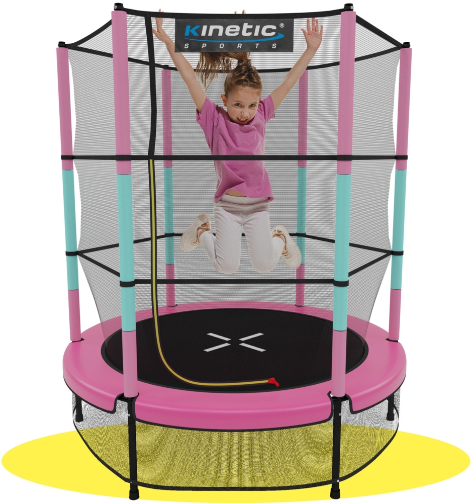 KINETIC SPORTS Kinder Trampolin JUMPER 140 cm - Inklusive Gummiseil Federung, Sicherheitsnetz mit Reißverschluss, Rahmenpolster, Schutz Bodennetz - Indoor Kindertrampolin Spielzeug Bild 1