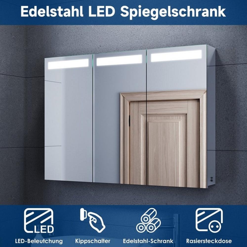 SONNI Spiegelschrank Spiegelschrank 3-türig bad mit led 90 cm breit Edelstahl mit Kippschalter, Steckdose, verstellbare Einlegeböden,IP44 Bild 1