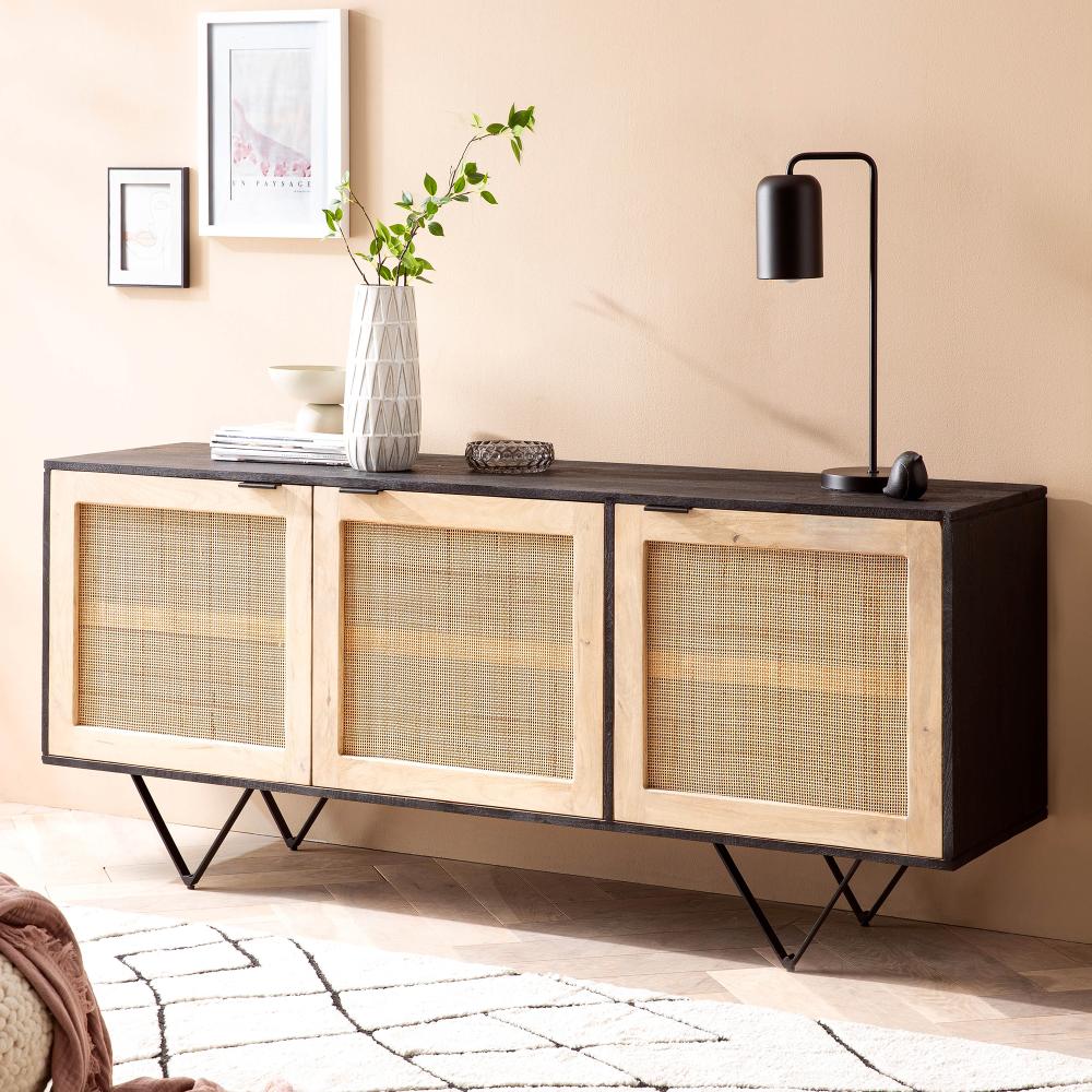 FineBuy Sideboard 175x75x45 cm Mango Massivholz / Rattan Kommode mit 3 Türen, Hoher Kommodenschrank Schwarz / Braun, Standschrank Wohnzimmer, Anrichte Rohrgeflecht Braun Bild 1