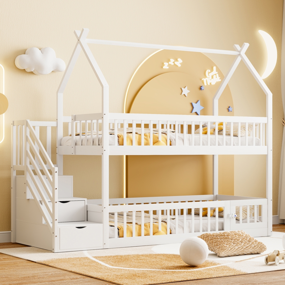 Kinder-Etagenbett, 90x200, Massivholzbett mit Dach, Sicherheitstreppe und Stauraumschubladen, Stauraum Kinderbett Einzelbett, Weiß, Holz, Weiß, 90 x 200 cm Bild 1