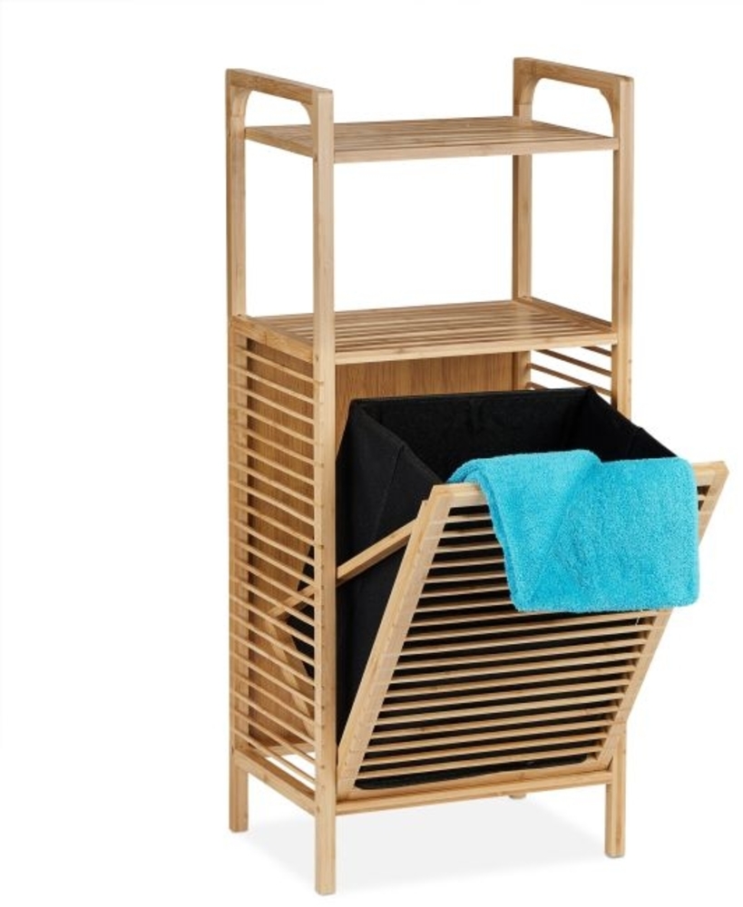 Relaxdays Badregal mit Wäschekorb, Bambus natur / schwarz, 40 x 30 x 95 cm Bild 1