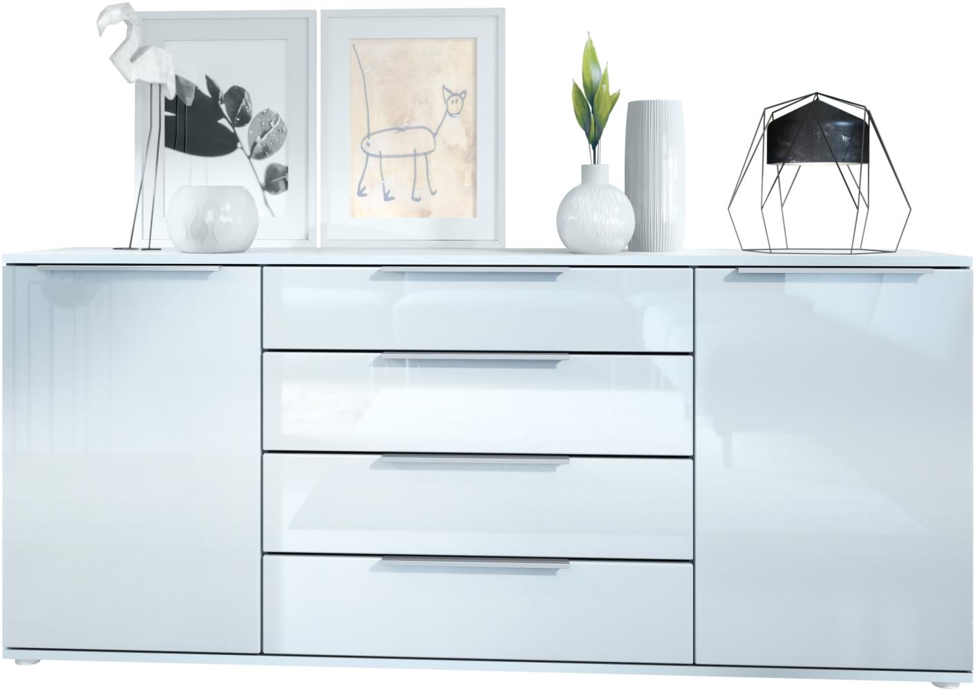 Vladon Sideboard Linio V2 166,5 x 72,5 x 35 cm Anrichte mit 2 Türen und 4 Schubladen, Korpus in Weiß matt, Fronten in Weiß Hochglanz Bild 1