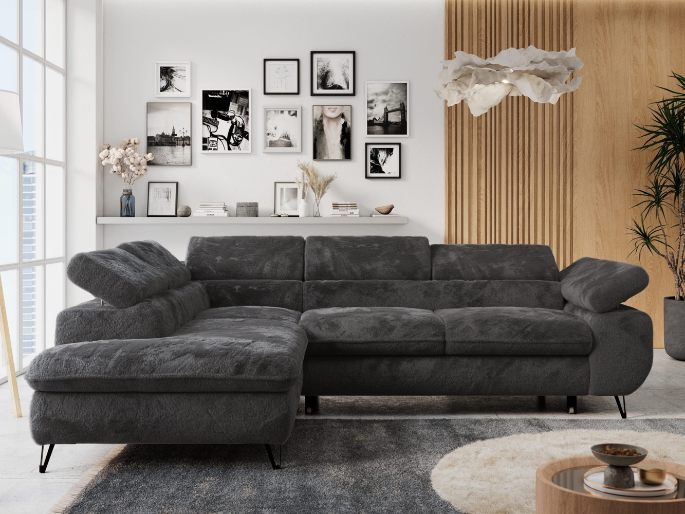 Ecksofa mit Bettfunktion, Modern Sofa, L-form, Einstellbare Kopfstützen, Bettkasten - PETER - Dunkelgrau Plüsch - Topper T25 - links Bild 1