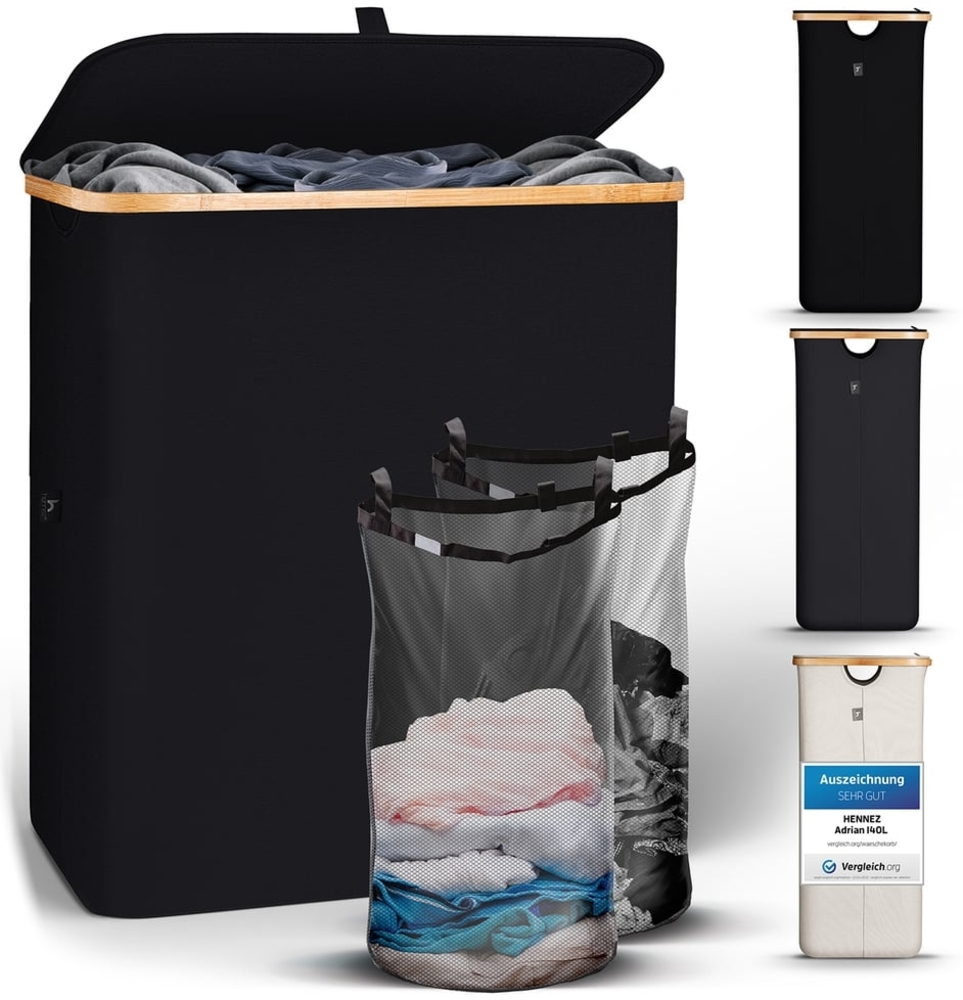 HENNEZ Wäschekorb Bambus mit Deckel 2 Fächer, 140L Wäschesack - Wäschesortierer Wäschebox Wäschetonne Wäschesammler Bild 1