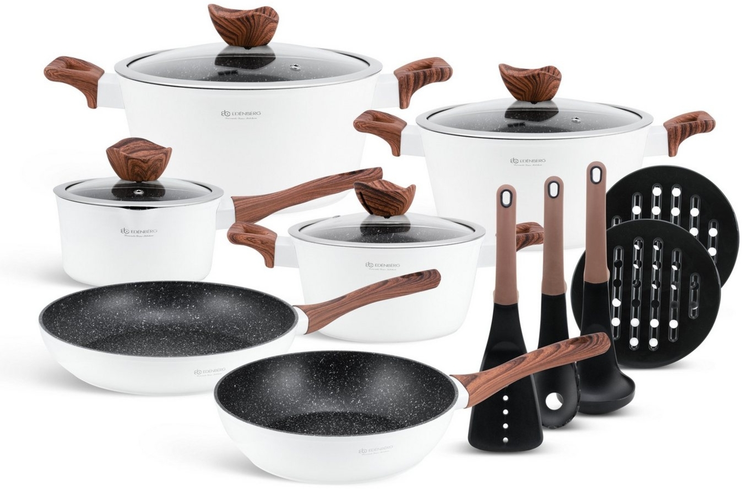 Edenberg Topf-Set Wunderschönes weißes Kochset mit Töpfen Pfannen und Zubehör, Aluminiumguss, Aluminium, Keramik (Dieses wunderschöne Topfset ist die perfekte Geschenkidee für jeden Anlass – stilvoll, hochwertig und praktisch zugleich, 15-tlg, 1,53L / ... Bild 1