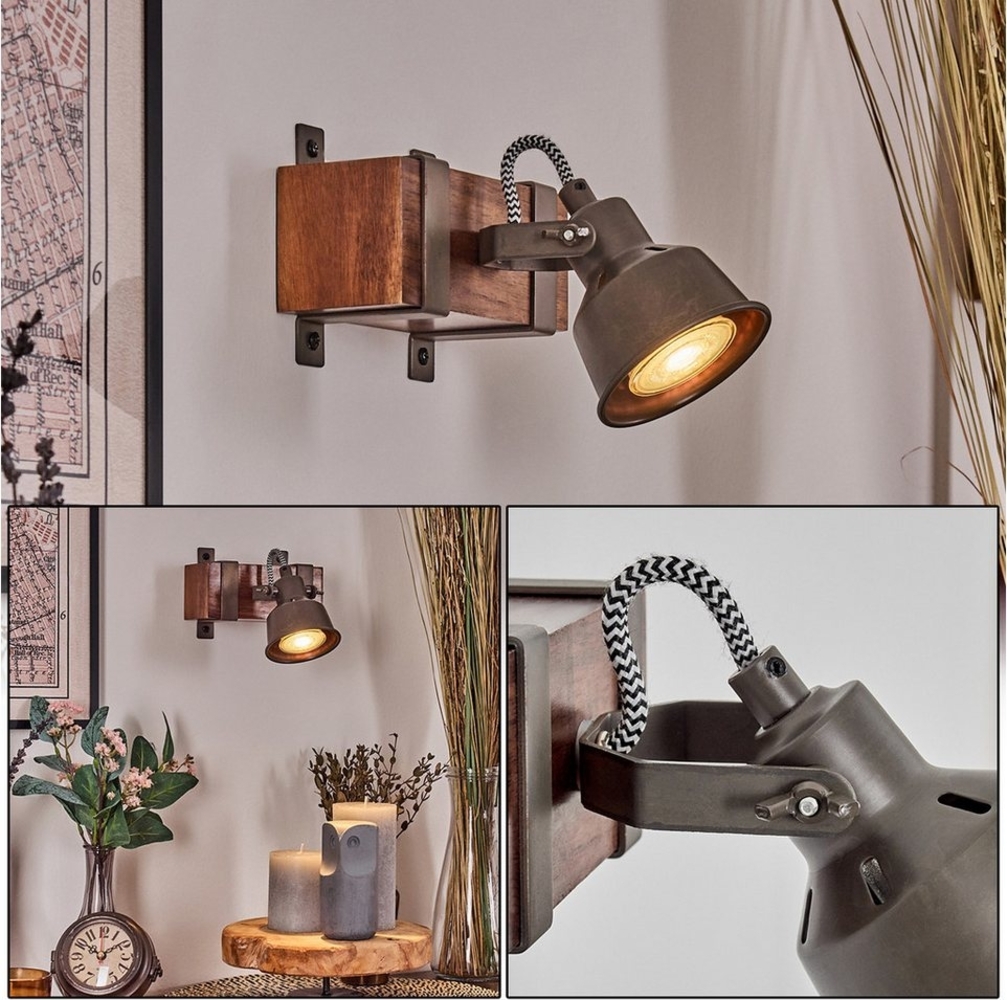 hofstein Wandleuchte Wandlampe aus Holz/Metall in Dunkelbraun/Stahlfarben, ohne Leuchtmittel, Leuchte im modernen Industrial Design mit verstellbarem Schirm, E27 Bild 1