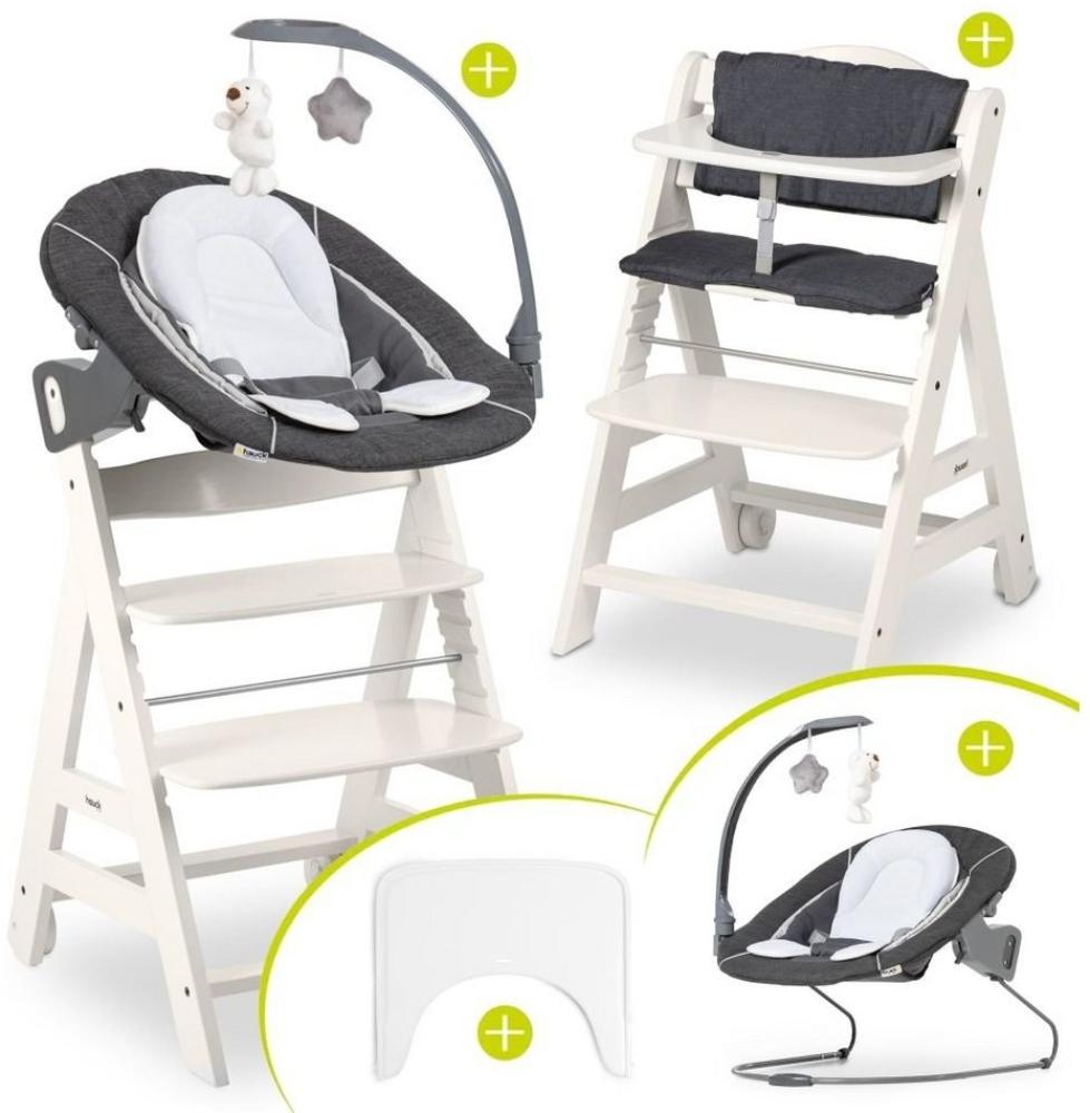 Hauck Hochstuhl Beta Plus White - Newborn Set Deluxe, Holz Babystuhl ab Geburt, Aufsatz für Neugeborene, Sitzkissen, Tisch Bild 1