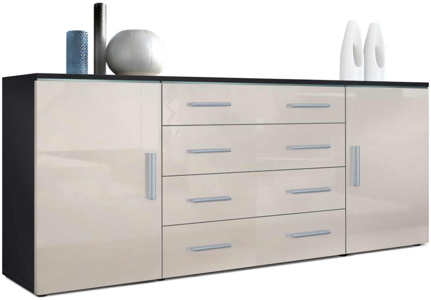 Vladon Sideboard Faro V2, Kommode mit 2 Türen und 4 Schubladen, Schwarz matt/Sandgrau Hochglanz (166 x 72 x 35 cm) Bild 1