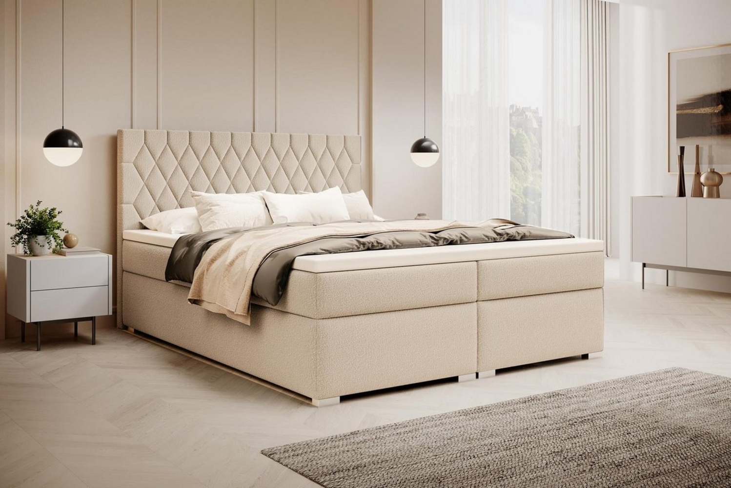 Compleo Boxspringbett mit abgerundetes Kopfteil, Designerbett, Luxusbett mit Bettkasten Bild 1