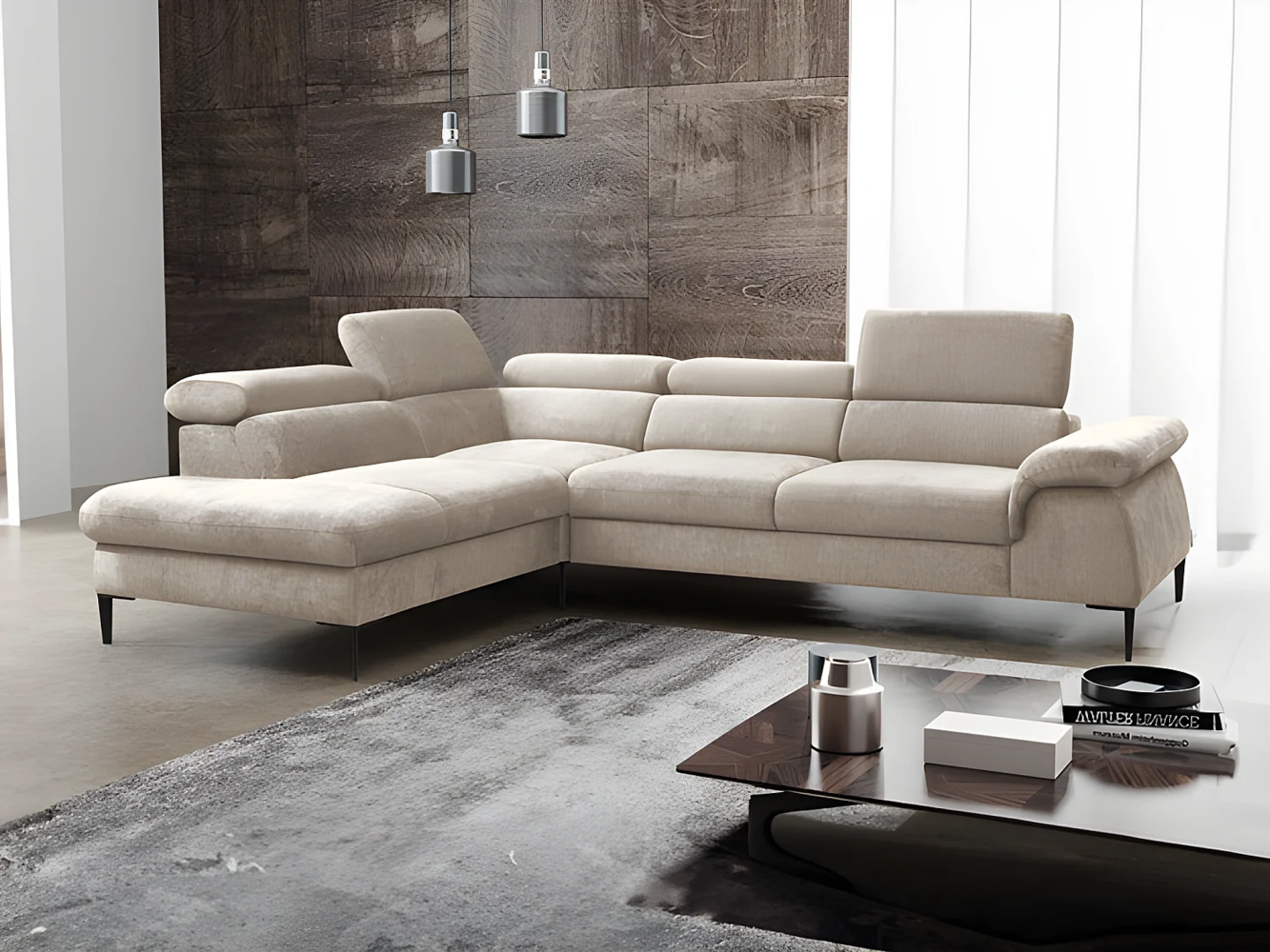 Vente-unique - Großes Ecksofa mit Schlaffunktion - Ecke links - Samt - Beige - SEPINA von Pascal Morabito Bild 1