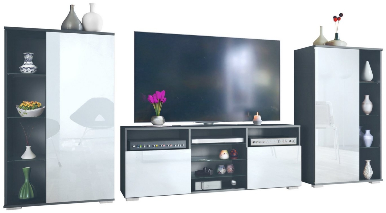 Vladon Wohnwand Davos, (Anbauwand, bestehend aus 2 Vitrinen und 1 TV-Board), Anthrazit matt/Weiß Hochglanz (329 x 134 x 35 cm) Bild 1