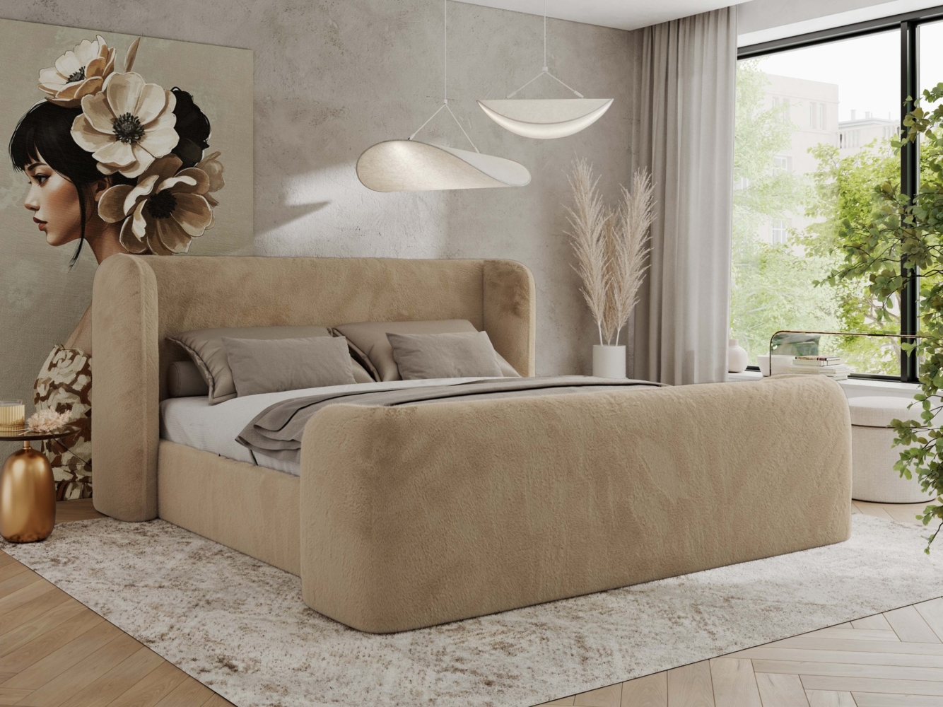 Polsterbett mit Lattenrost, Doppelbett für Schlafzimmer, Gepolstertes Kopfteil, Multipocket matratze, Härtegrad H3/H4 - EMORA CLASSIC DUO - 140 x 200 cm - Beige Stoff - ELORI - LUX Bild 1