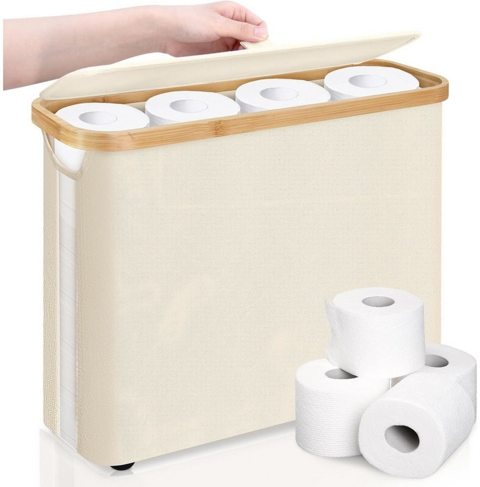 Refined Living Toiletten-Ersatzrollenhalter Toilettenpapierhalter für 12 Rollen 26L mit Deckel und Griff (Wasserdicht Antibakteriell Toilettenpapier Aufbewahrung Korb Bambus, 1-St, Multifunktionaler faltbarer Wäschekorb für Badezimmer, Schlafzimmer), B... Bild 1