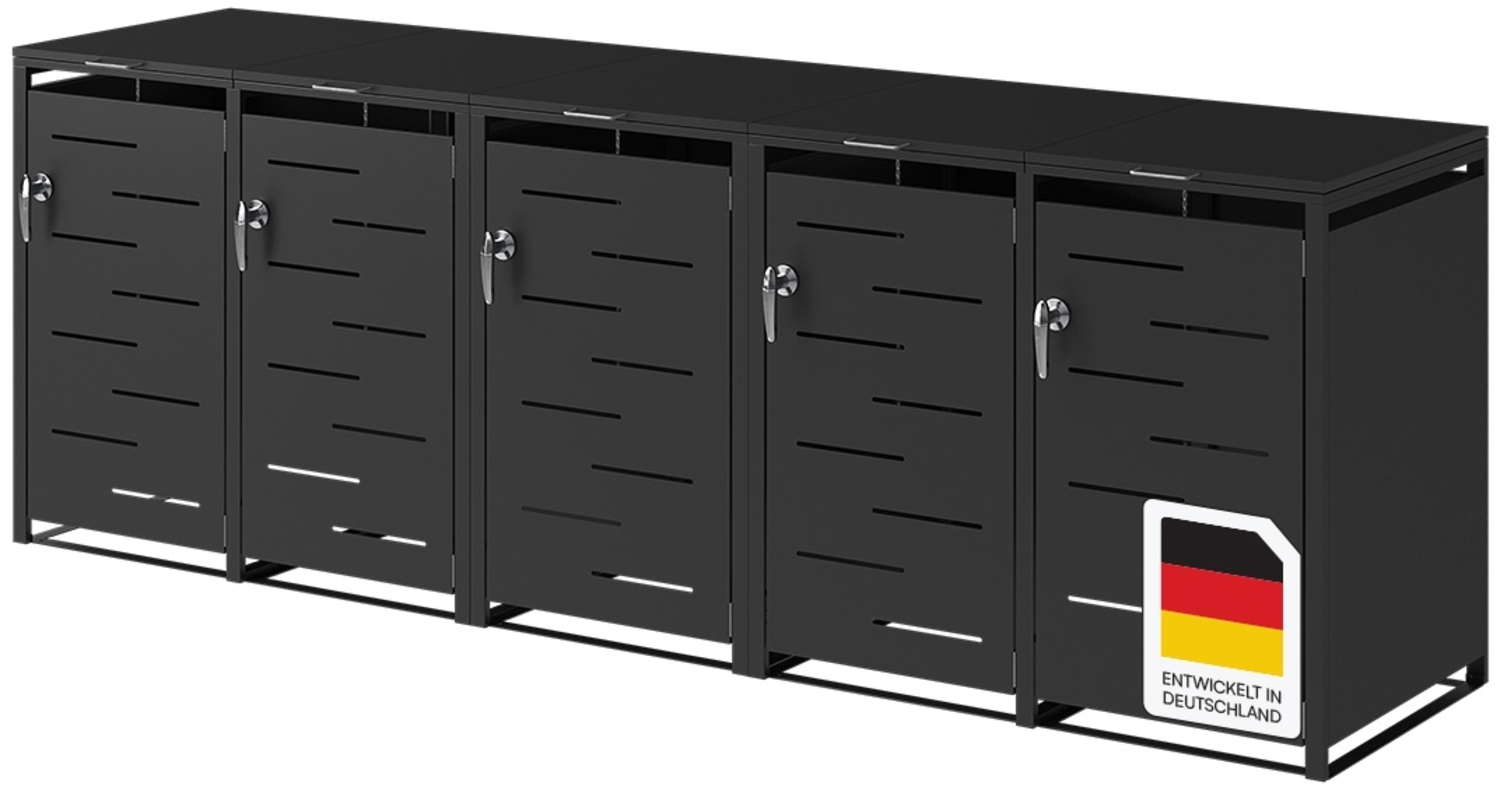 STEELSØN 'Diorus' Mülltonnenbox für 5 Tonnen je 240 Liter, graphitschwarz, Mülltonnenverkleidung aus Stahl mit Sichtstreifen, wetterfest, 116x80x337 cm, abschließbare Müllbox Bild 1