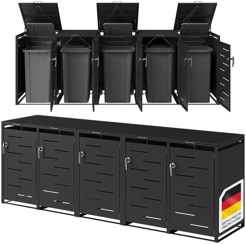 STEELSØN 'Diorus' Mülltonnenbox für 5 Tonnen je 240 Liter, graphitschwarz, Mülltonnenverkleidung aus Stahl mit Sichtstreifen, wetterfest, 116x80x337 cm, abschließbare Müllbox Bild 1