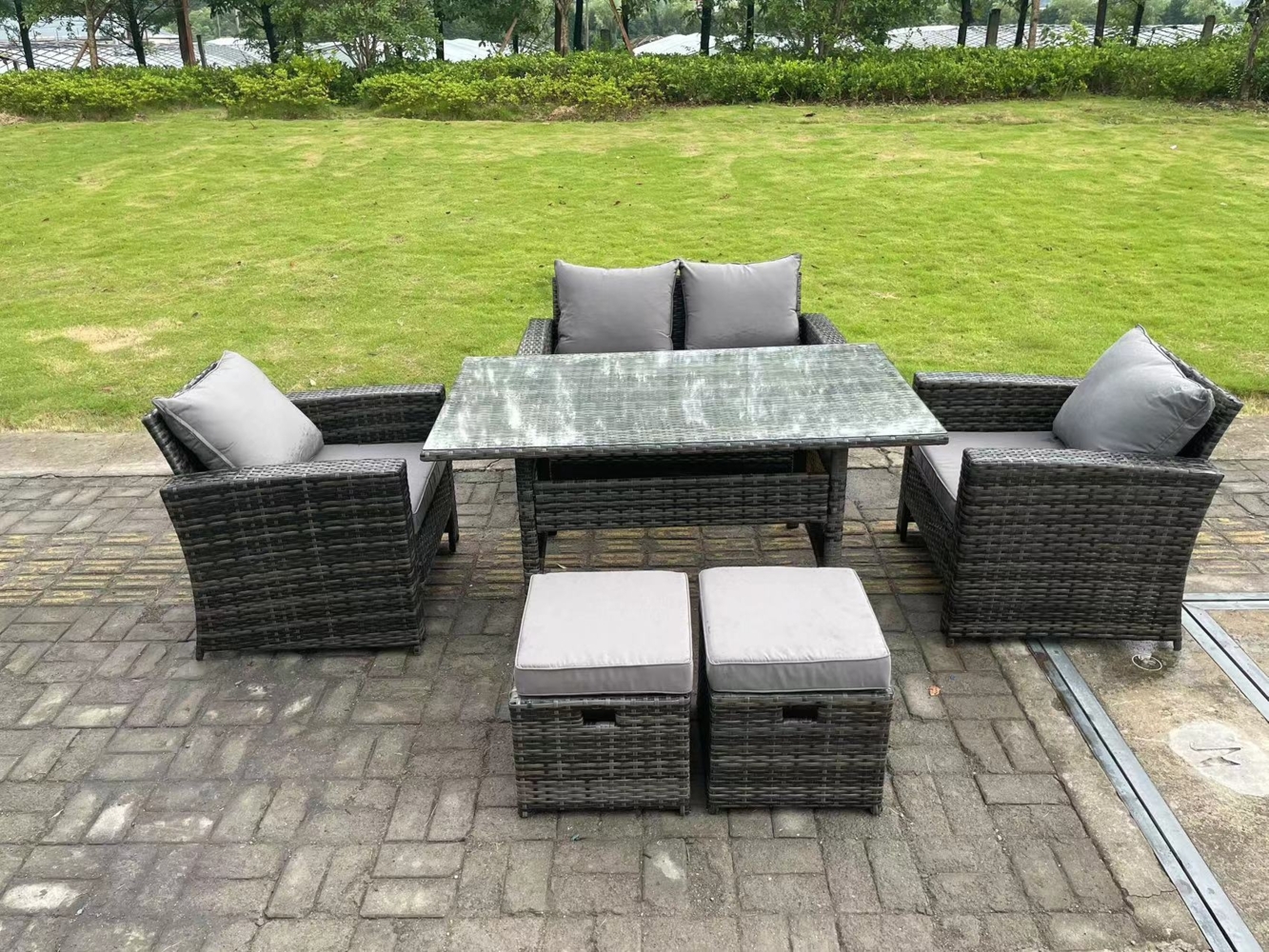 Fimous 6 Sitzer Outdoor Dunkelgrau gemischt Hoher Rücken Rattan Sofa Double Sofa Esstisch Set Gartenmöbel Hockern Bild 1