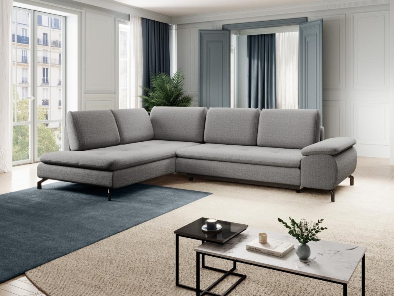 Vente-unique - Großes Ecksofa mit Schlaffunktion - Ecke links - Strukturstoff - Grau - ARCHIBALD Bild 1