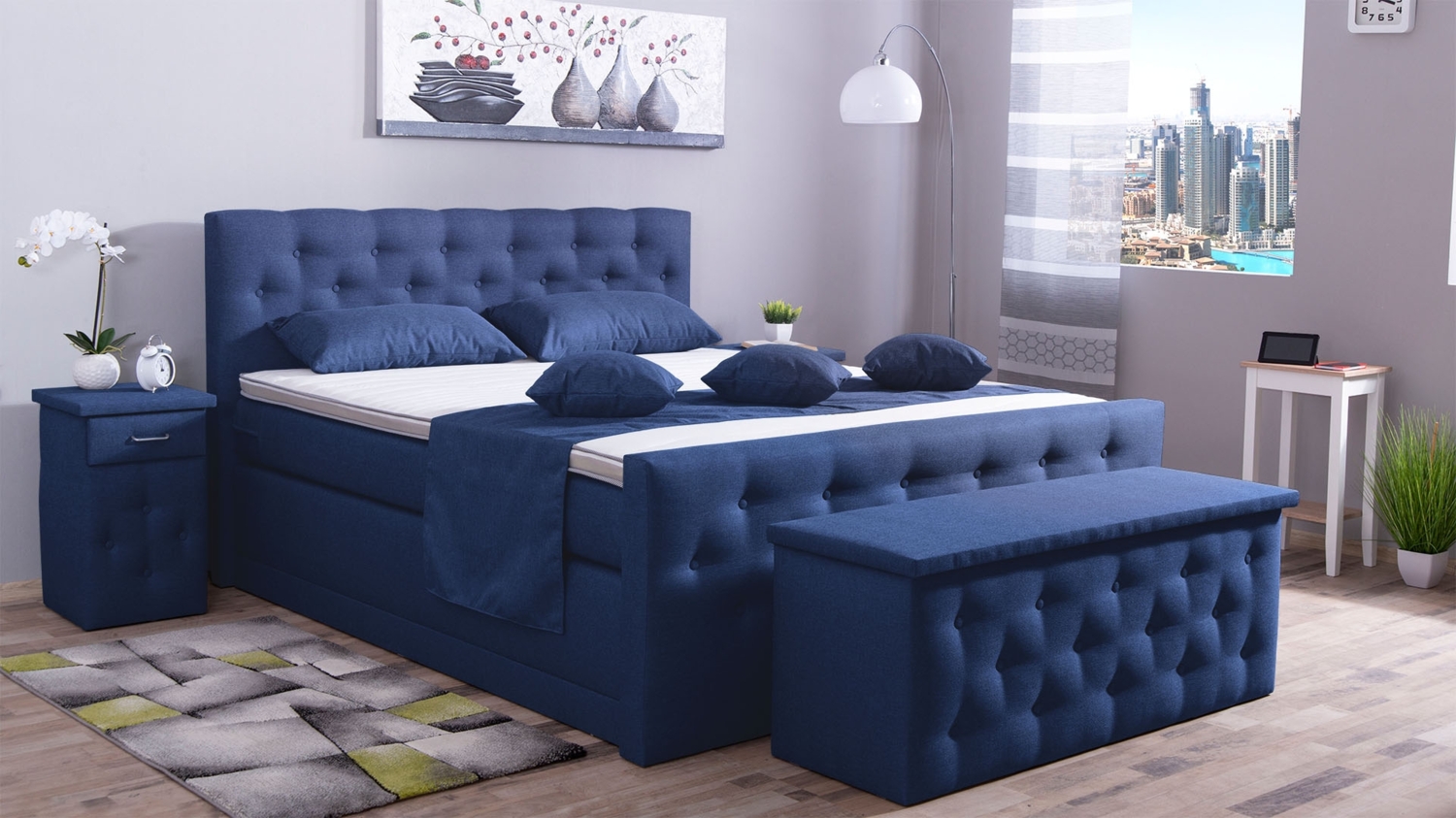 Meisterbetten Boxspringbett Babo 200x200 in WT-Dunkel Blau, Matratzenbezug Nano, Komfortschaum-Topper, mit Fussteil Bild 1