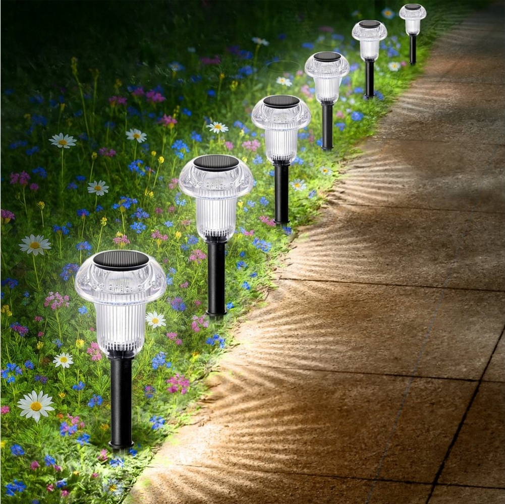 BlingBin LED Solarleuchte 6 Stück Solar-Gartenleuchten, Solarlampen für Außen, Gartenpfahl, automatisches Ein-/Ausschalten, LED fest integriert, Tageslichtweiß, wasserdichtes Wegelicht, Wegbeleuchtung für Hof, Gehweg, Auffahrt Bild 1