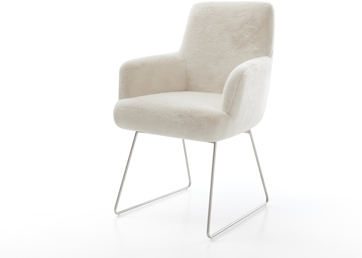 Esszimmerstuhl Heira-Flex mit Armlehnen Plüsch Creme-Weiß Kufengestell Edelstahl Taschenfederkern Bild 1