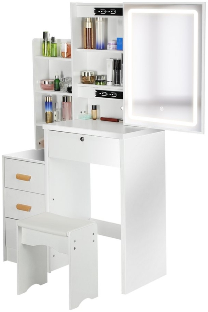 WILGOON Schminktisch Frisiertisch Schminktisch Schlafzimmer mit Hocker und Spiegel, 135cm (Touch-Funktion Dimmbare), Touchscreen Verstellbare Helligkeit, Kosmetiktisch mit LED-Beleuchtung Bild 1