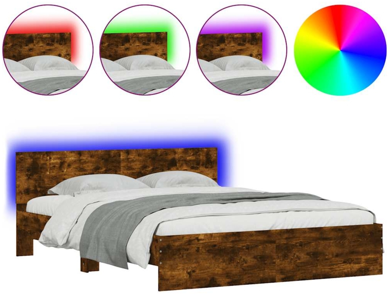 vidaXL Bettgestell mit Kopfteil LED-Beleuchtung Räuchereiche 150x200cm 3207606 Bild 1