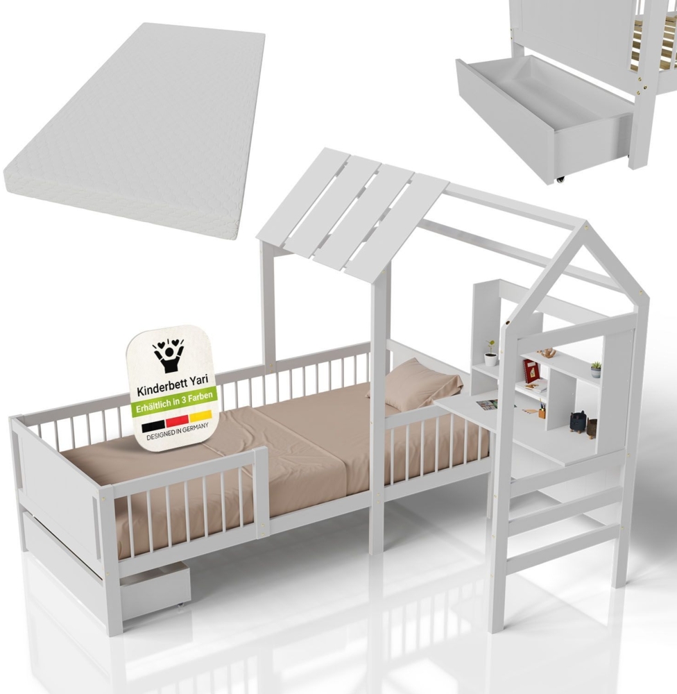 Juskys Kinderbett Yari 90x200 cm - Integrierter Schreibtisch, Praktische Schublade, Massiver Kieferrahmen, inklusive Matratze - weiß Bild 1