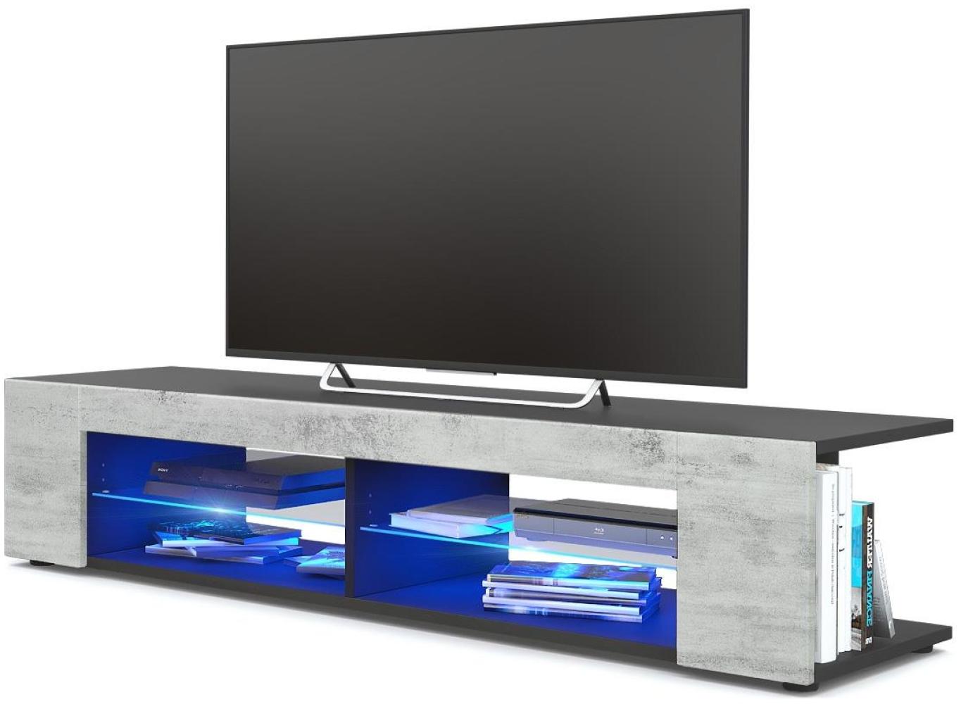 Vladon Lowboard Movie, TV-Kommode mit 4 offenen Fächern und Zierleisten, Schwarz matt/Beton Oxid-Optik, inkl. LED-Beleuchtung blau (134 x 29 x 39 cm) Bild 1