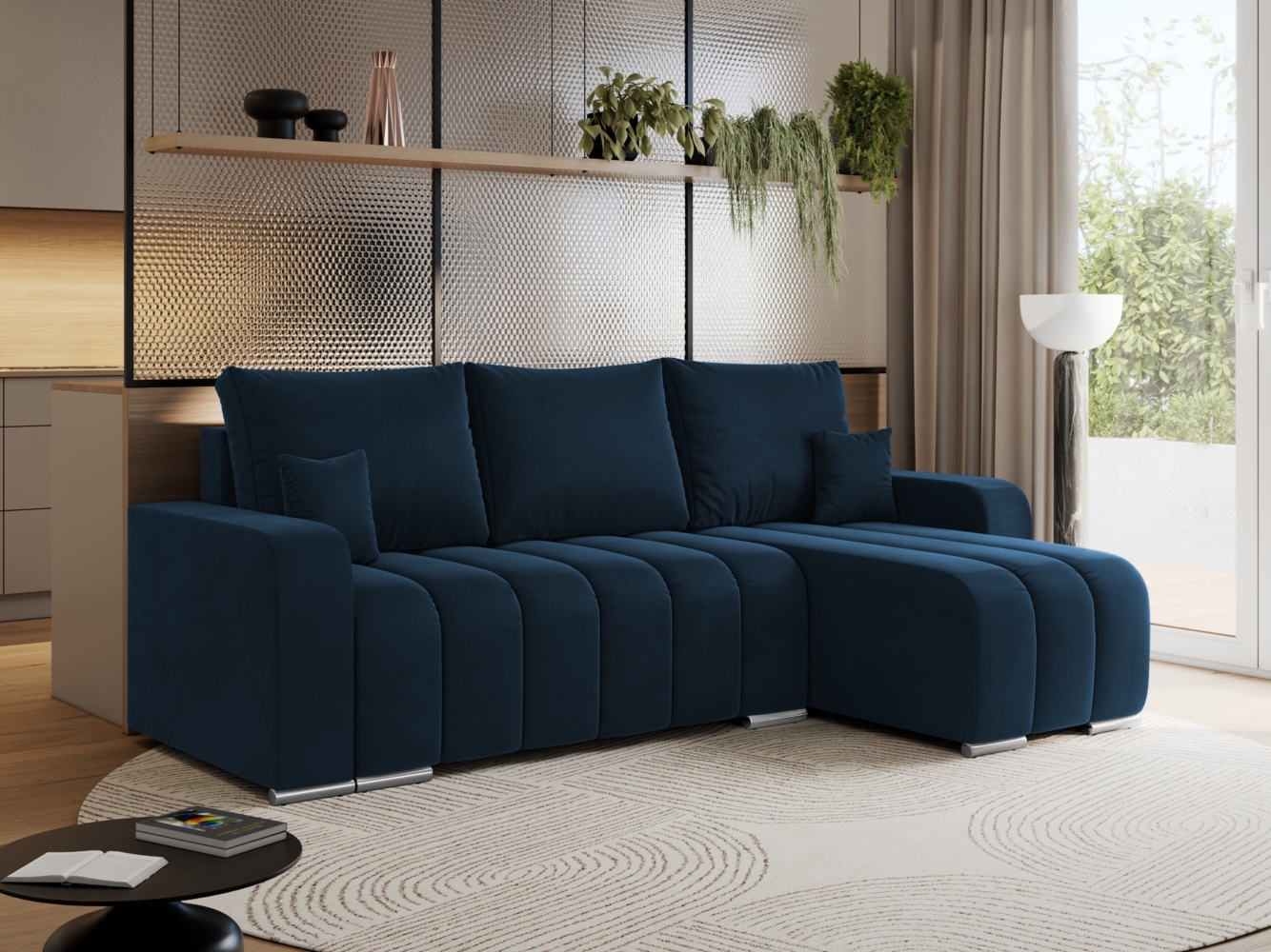 Universelles Ecksofa in Streifen genäht mit Schlaffunktion und Bettkasten, modern Stil - KIRASSO - Dunkelblau Velvet Bild 1