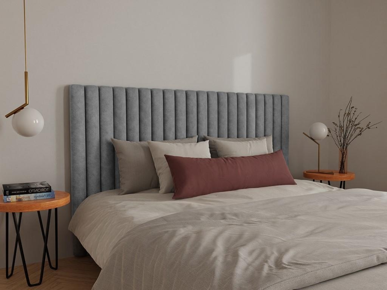 Vente-unique - Bettkopfteil mit vertikalen Ziernähten - Stoff - 200 cm - Grau - SARAH Bild 1