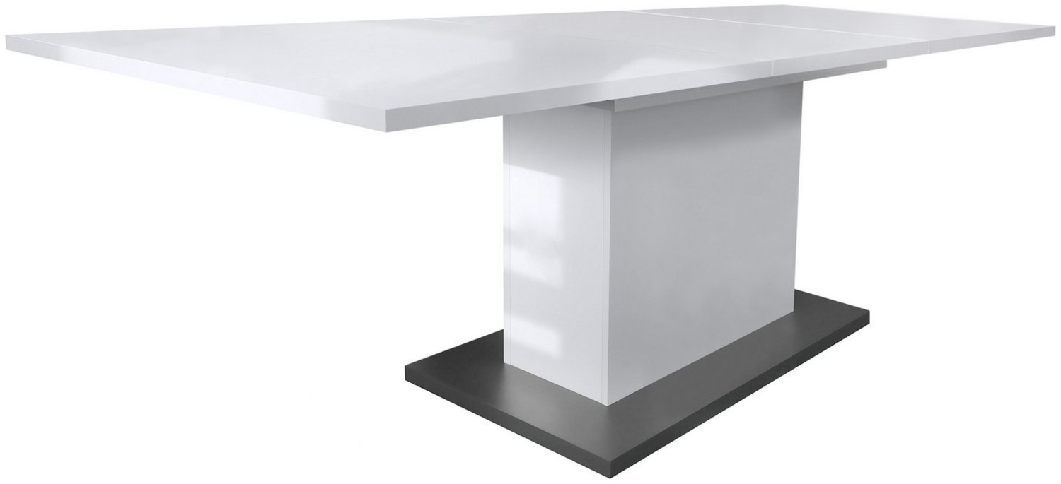 Esstisch Wohnzimmertisch Stella ausziehbar 165 / 220 x 75 x 90 cm in Weiß Hochglanz, Bodenplatte in Anthrazit matt Bild 1