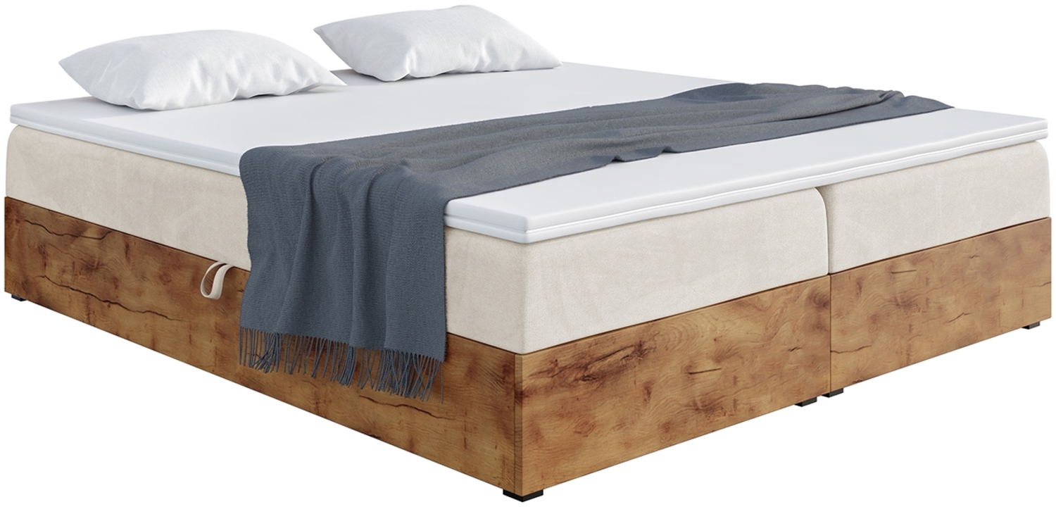 MEBLINI Boxspringbett LOFTY BOX 140x200 cm mit Bettkasten - H4/Creme Samt Polsterbett - Doppelbett mit Topper & Taschenfederkern-Matratze Bild 1